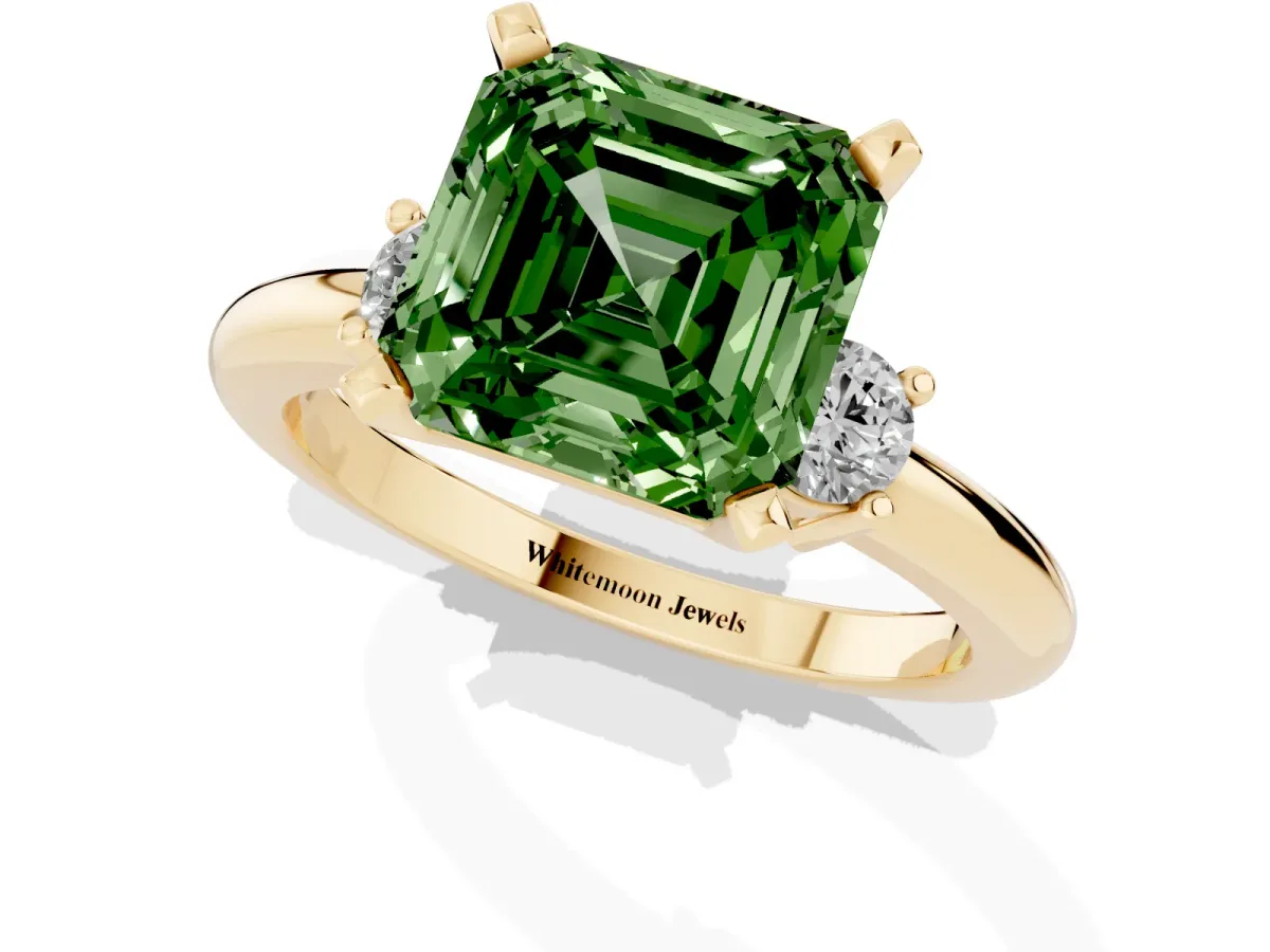 Fancy Green Three-Stone Asscher Cut Cut Diamond Solitaire with Prong Setting and Classic Band Yellow gold