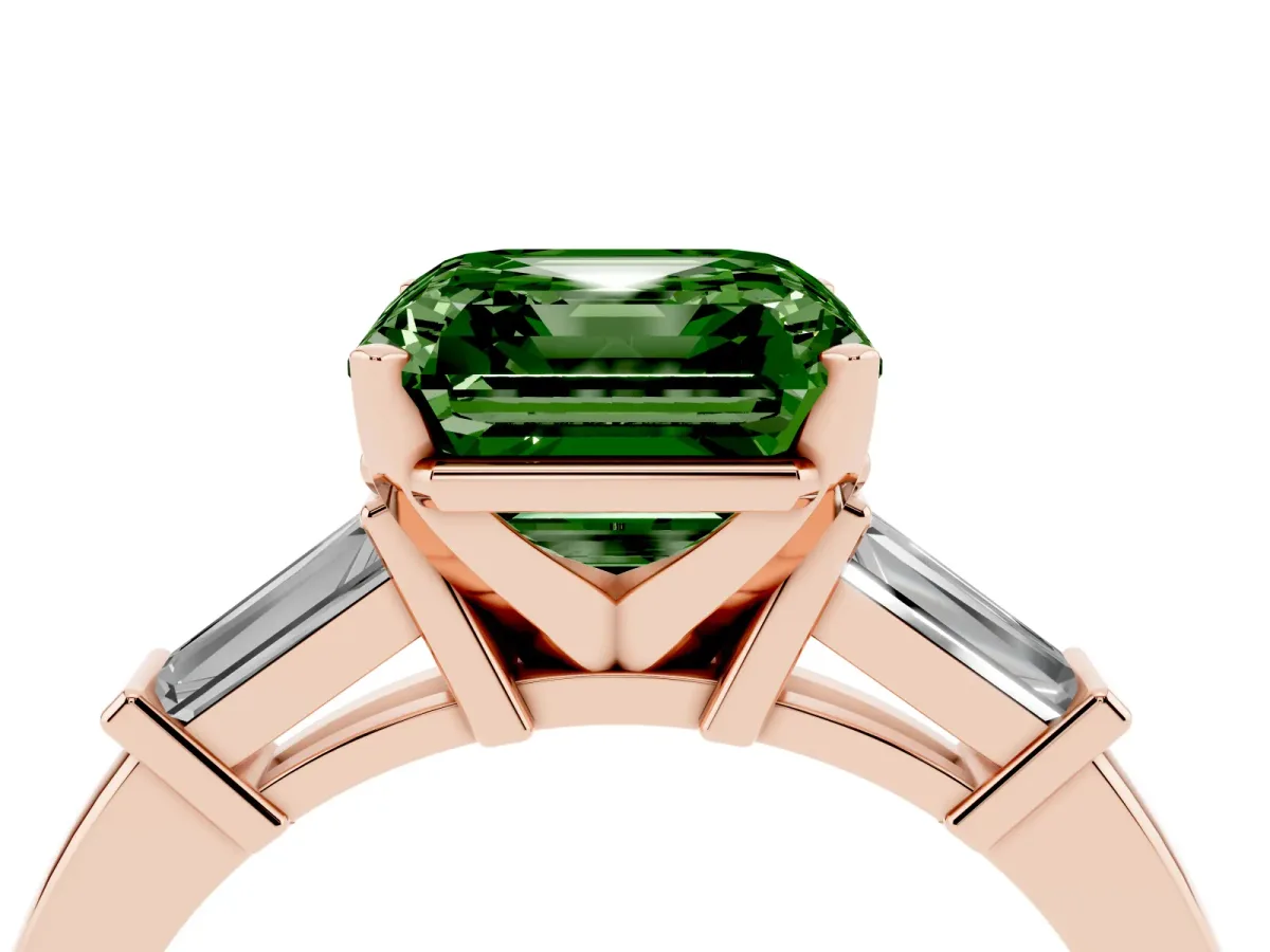 Fancy Green Asscher Cut Cut Diamond Solitaire Ring with Tapered Baguette Accents and Four-Prong Setting Rose gold