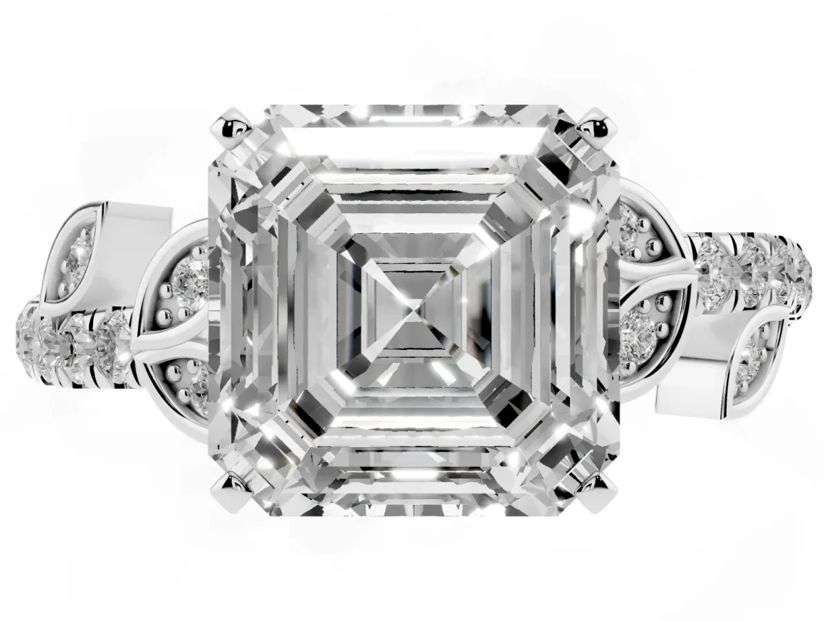 Asscher Cut Solitaire Leaf-Inspired Diamond Ring with Pavé Band and Four-Prong Setting Silver