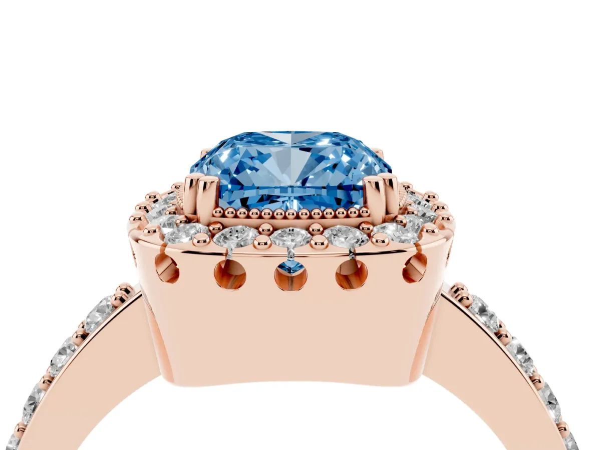 Fancy Blue Cushion Cut Diamond Halo Ring with Pavé Band and Prong Setting Rose gold