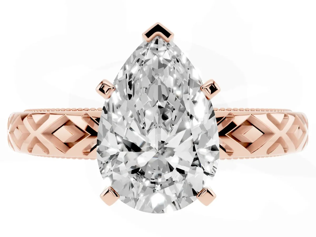 Pear Cut Solitaire Diamond Ring with Milgrain and Black Enamel X Pattern Band Rose gold