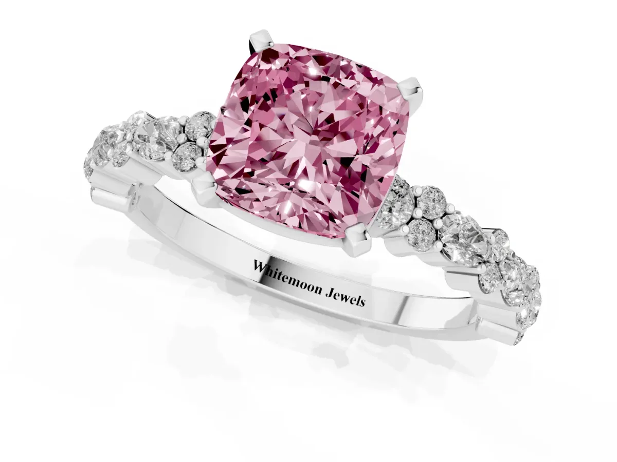 Fancy Pink Cushion Cut Diamond Side Stone Solitaire Ring with Round and Four-Prong Setting Silver