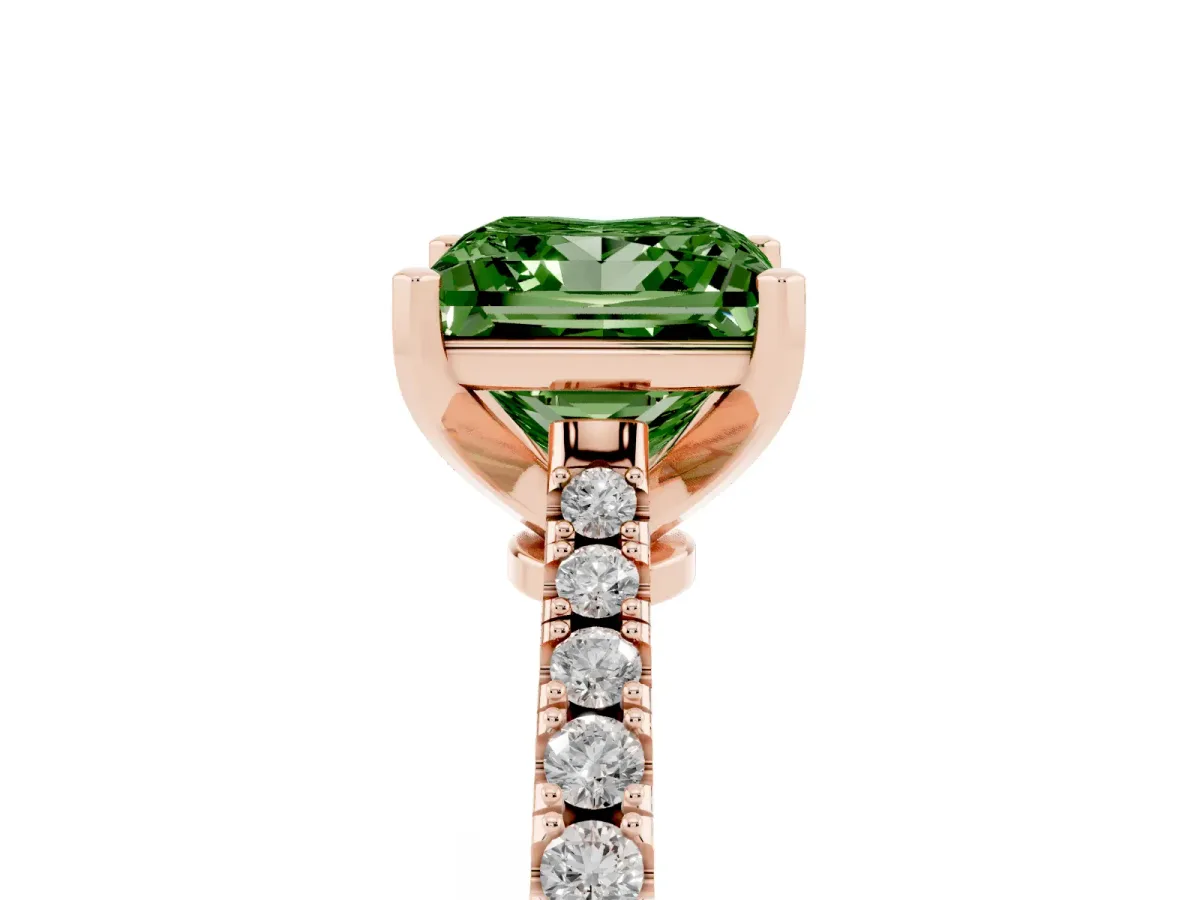 Fancy Green Princess Cut Cut Solitaire Diamond Engagement Ring with Pave Band and Four-Prong Setting Rose gold