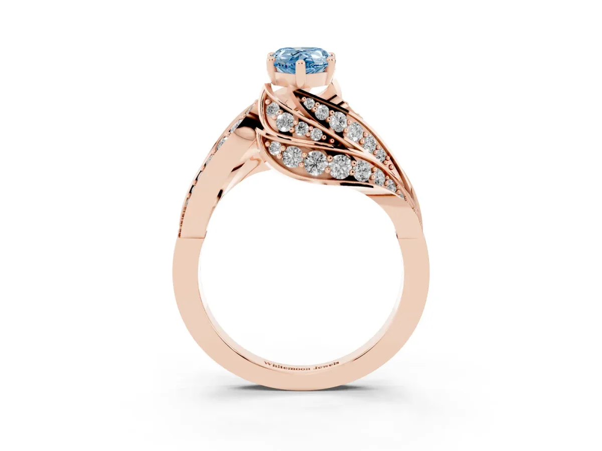 Fancy Blue Pear Cut Diamond Solitaire Ring with Prong Setting and Twisted Pavé Band Rose gold
