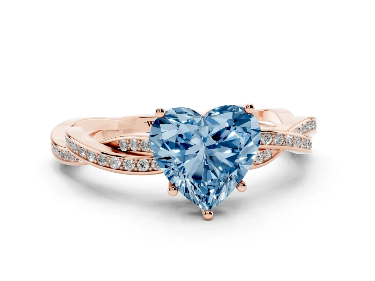 Fancy Blue Heart Cut Solitaire Twisted Pave Diamond Ring with Four-Prong Setting Rose gold