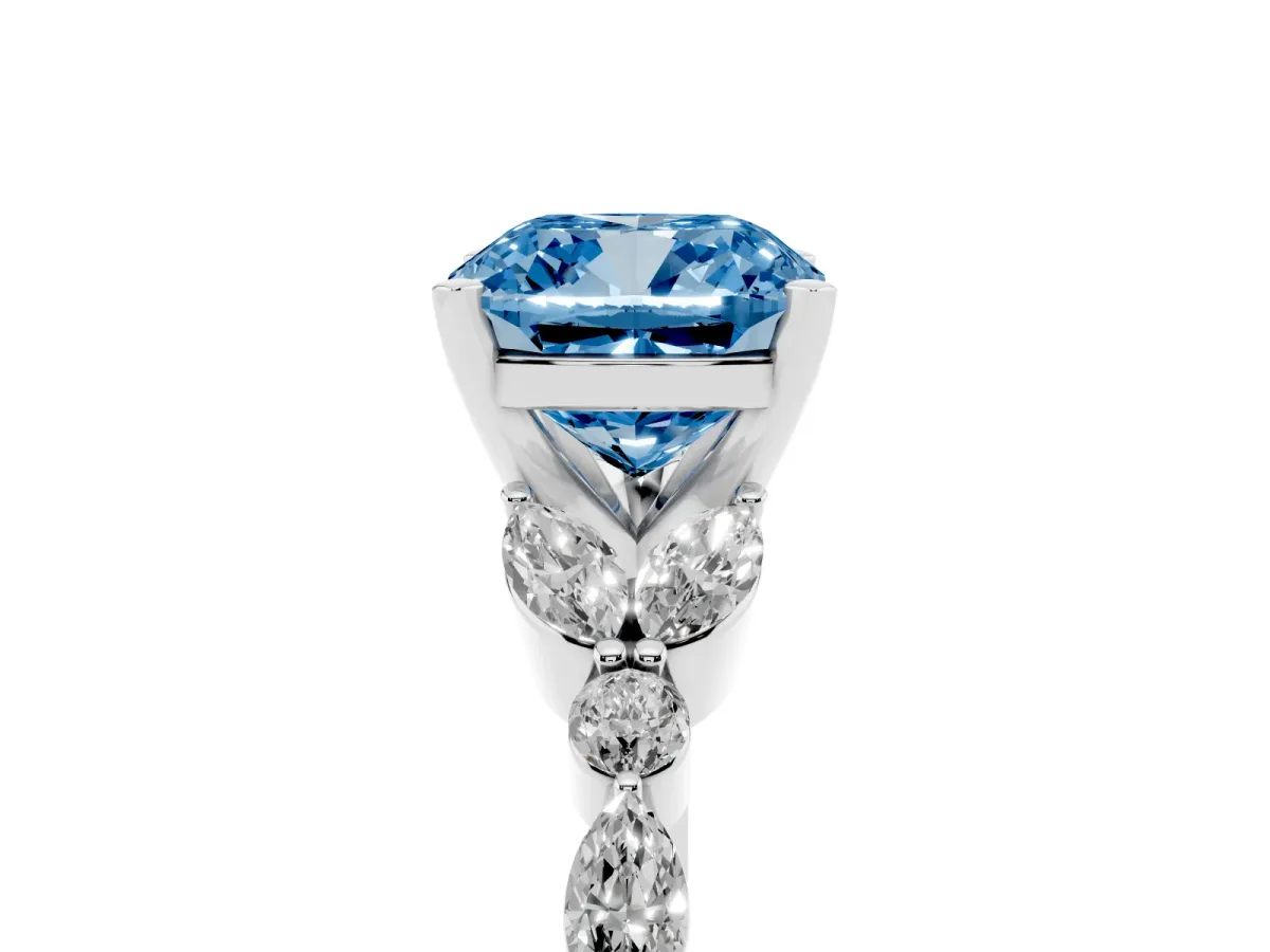 Fancy Blue Cushion Cut Diamond Solitaire Ring with Side Stones and Four-Prong Setting Silver