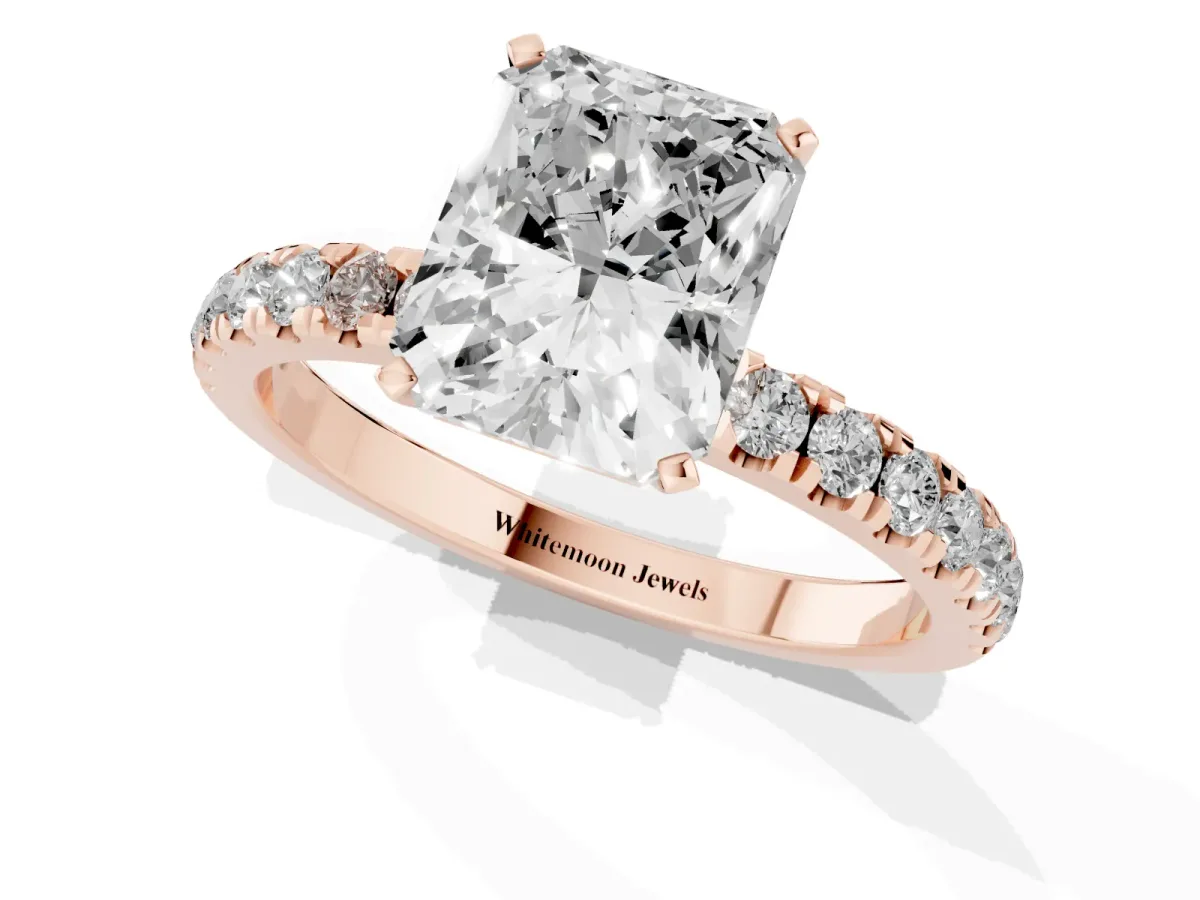 Radiant Cut Diamond Solitaire Ring with Pavé Accents and Four-Prong Setting Rose gold