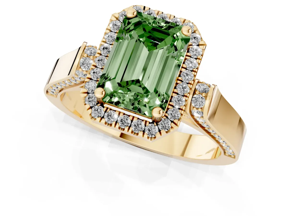 Fancy Green Emerald Cut Halo Pave Split Shank Prong Setting Ring Yellow gold
