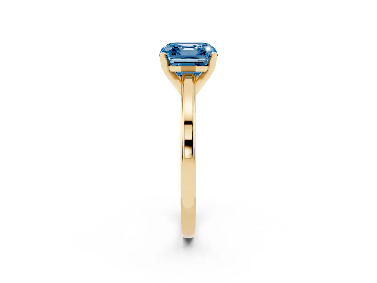 Fancy Blue Asscher Cut Solitaire Diamond Ring with Four-Prong Setting and Classic Band Yellow gold