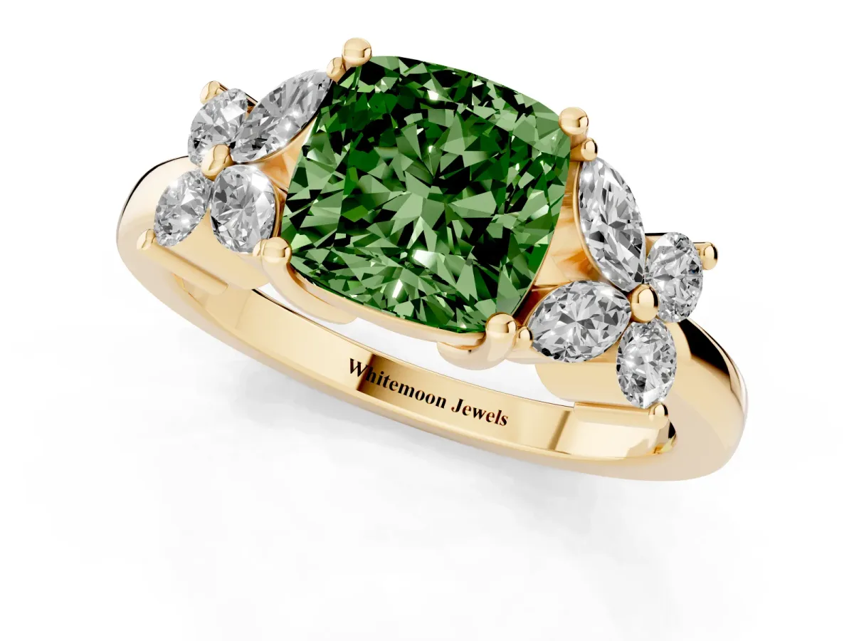 Fancy Green Cushion Cut Diamond Floral Cluster Ring with Solitaire Band and Prong Setting Yellow gold