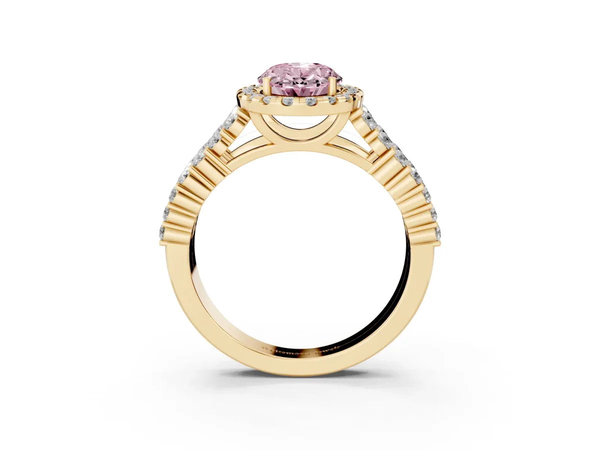 Fancy Pink Oval Cut Diamond Halo Engagement Ring with Triple Row Round Pavé Band and Prong Setting Yellow gold