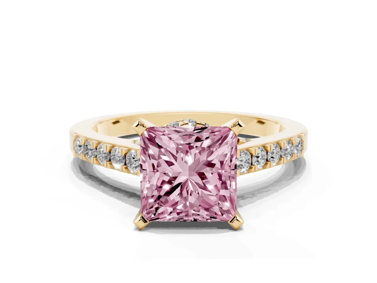 Fancy Pink Princess Cut Diamond Solitaire Ring with Crossover Gallery and Round Pavé Band Yellow gold