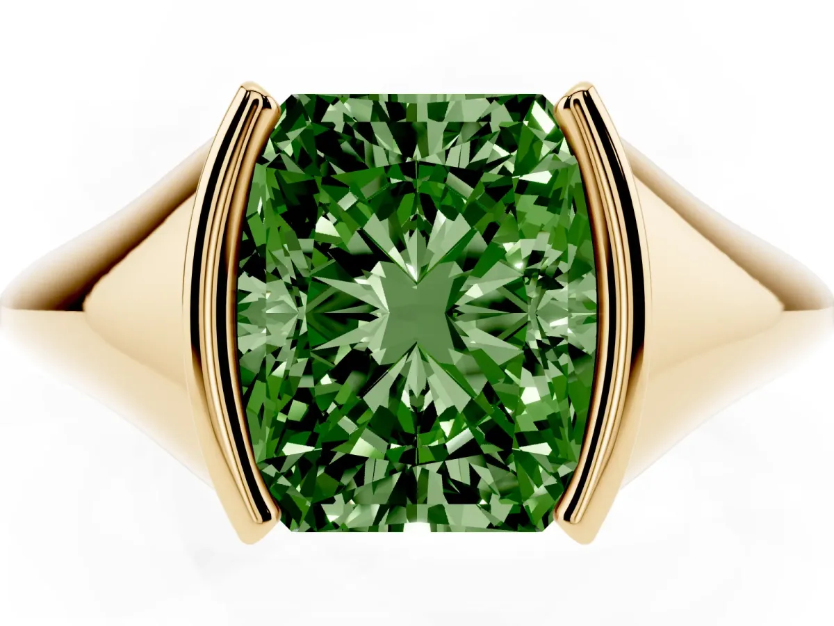 Fancy Green Radiant Cut Solitaire Tension Set Diamond Ring Yellow gold