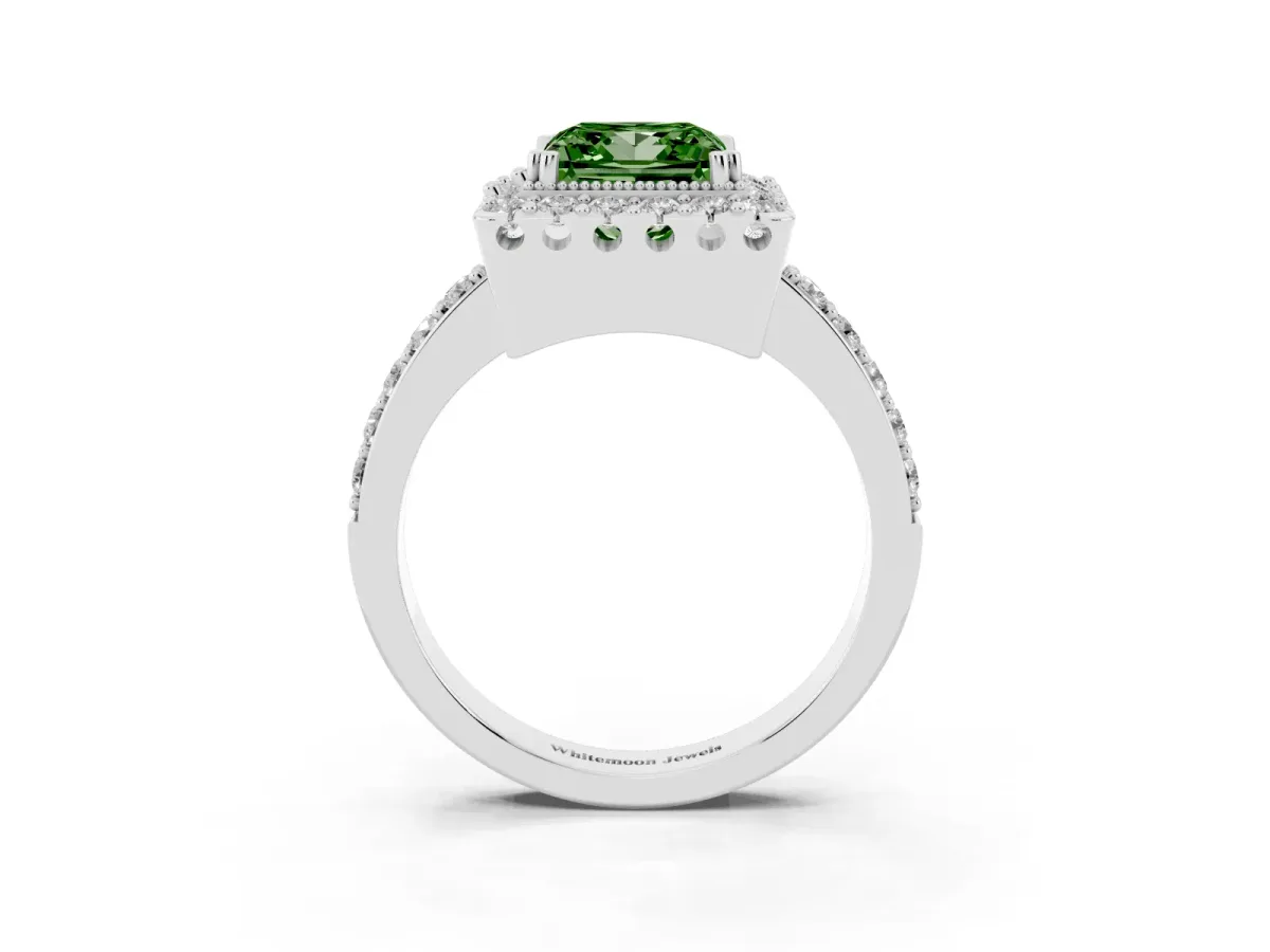 Fancy Green Princess Cut Diamond Halo Ring with Pavé Band and Prong Setting White gold