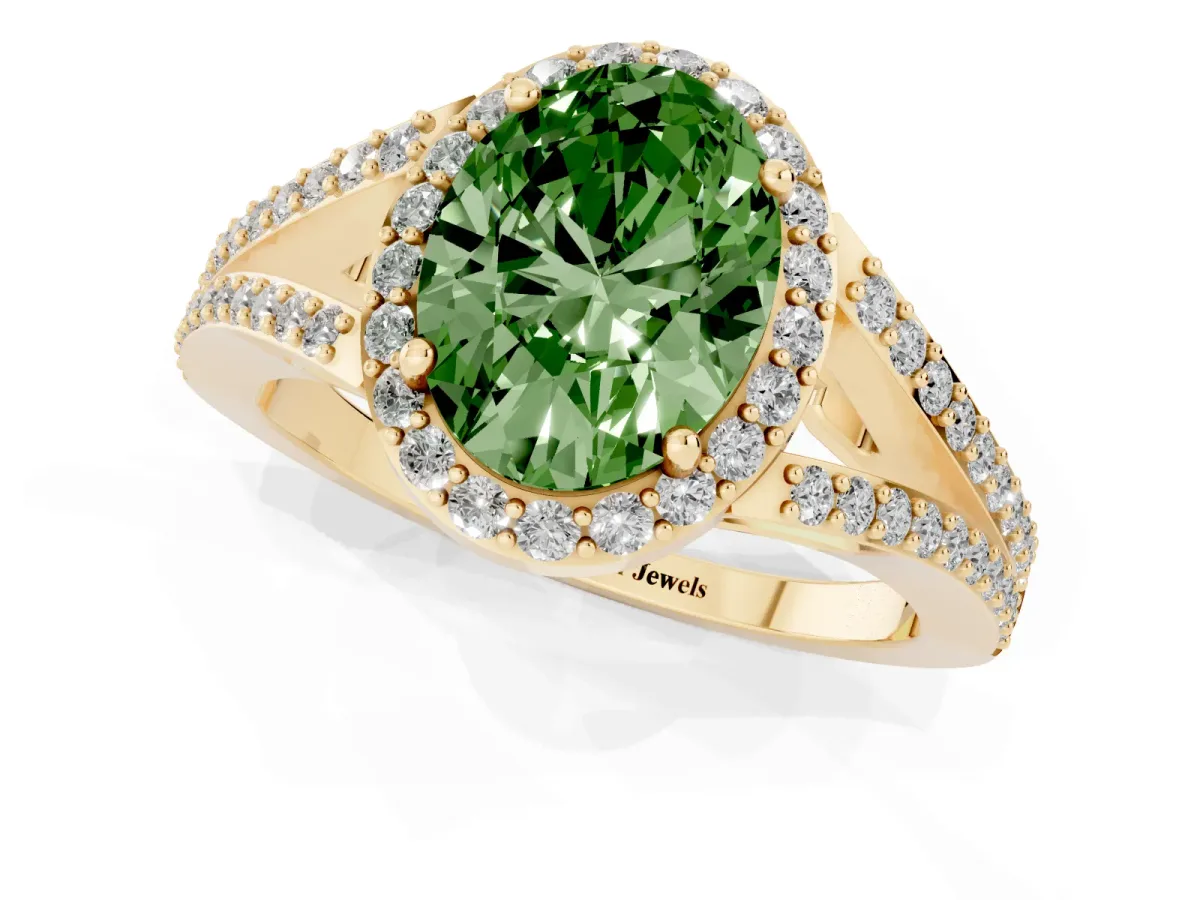 Fancy Green Oval Cut Halo Split Shank Pave Diamond Ring with Four-Prong Setting Yellow gold