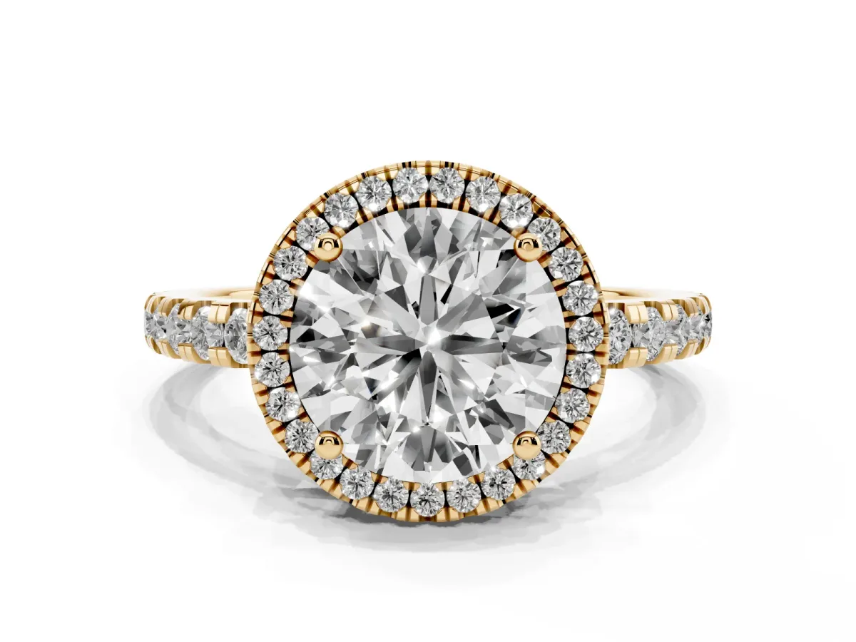 Round Cut Diamond Halo Ring with Pavé Band and Four-Prong Setting Yellow gold