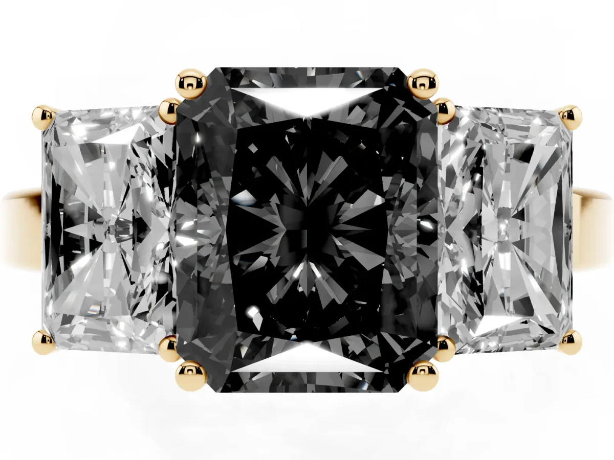 Fancy Black Three-Stone Radiant Cut Cut Diamond Engagement Ring with Flat Band and Four-Prong Setting Yellow gold