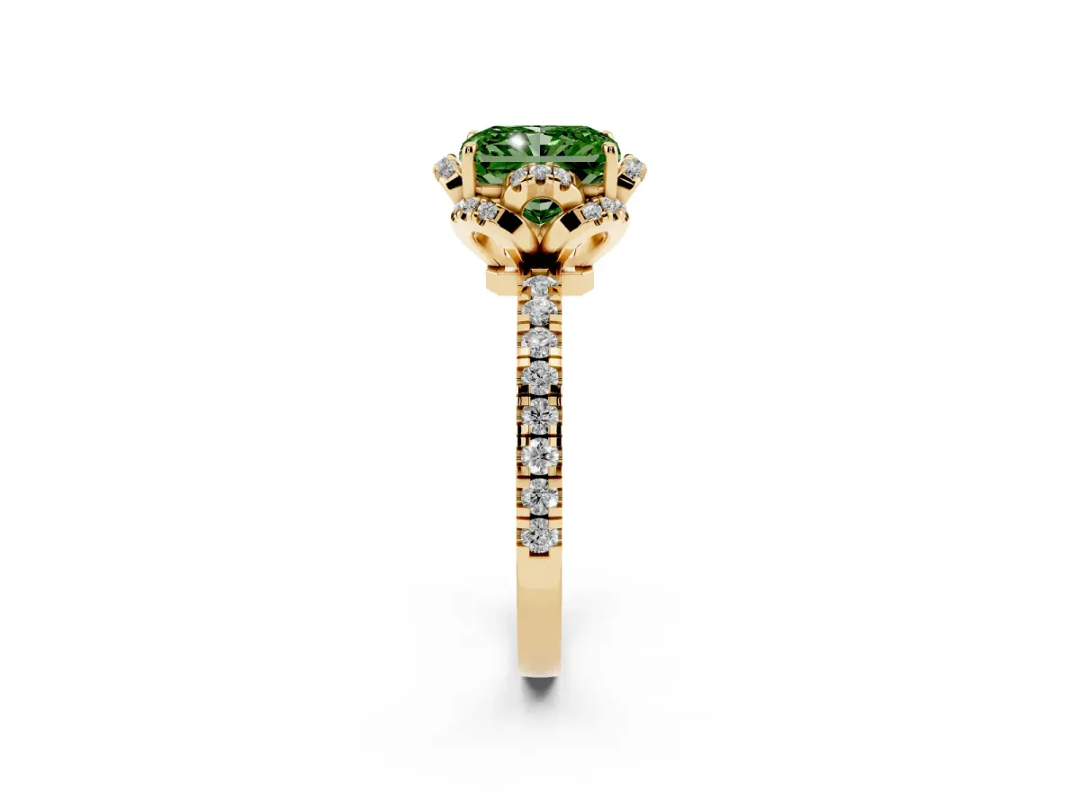 Fancy Green Radiant Cut Halo Diamond Pave Band Ring with Four-Prong Setting Yellow gold