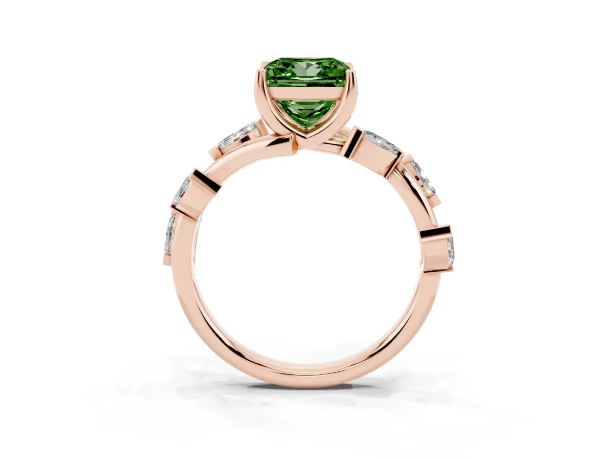 Fancy Green Princess Cut Solitaire Twisted Band Marquise Accent Prong Setting Ring Rose gold