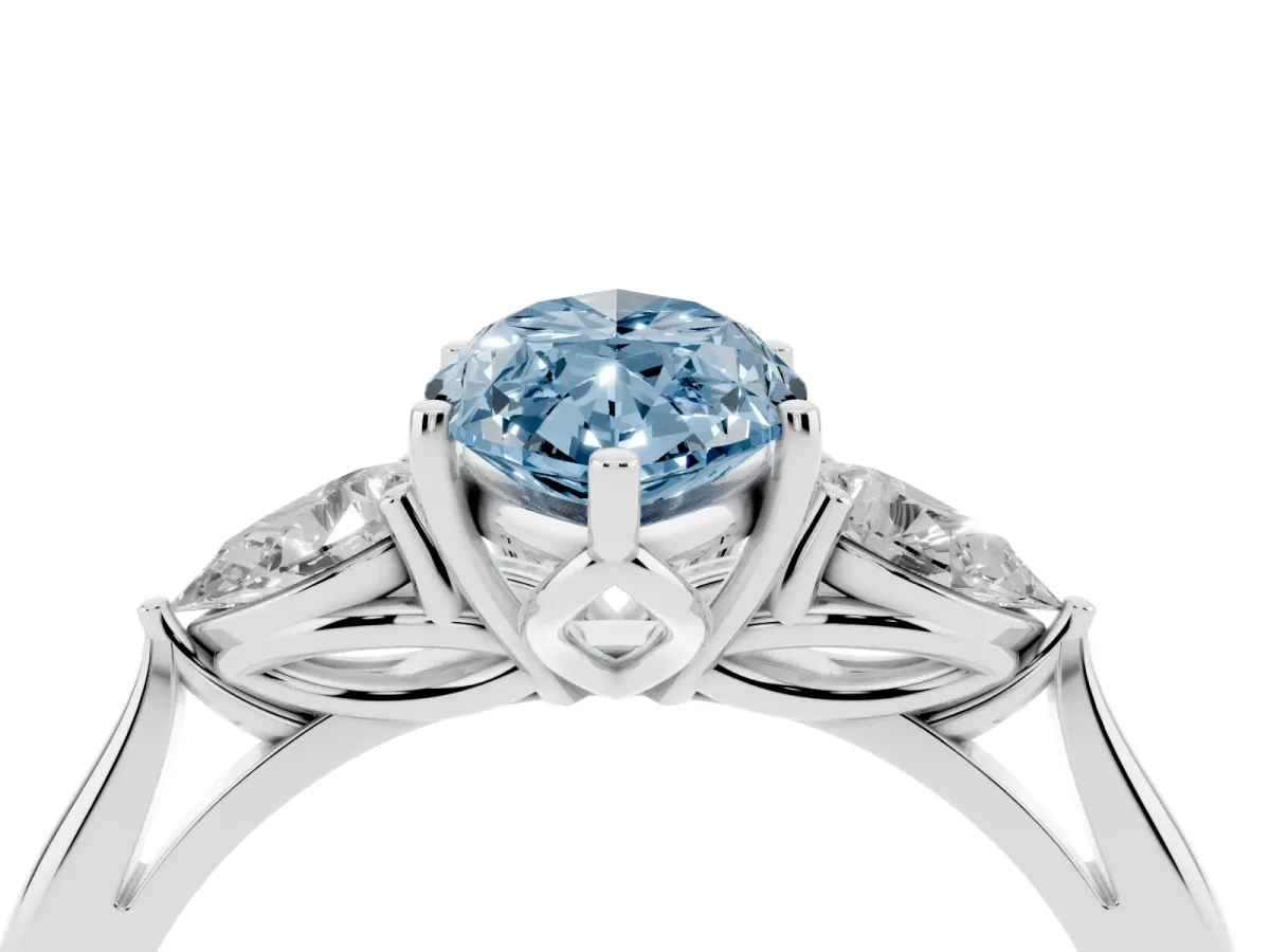 Fancy Blue Three-Stone Marquise Cut Brilliant Diamond Solitaire Ring with Tapered Band and Four-Prong Setting White gold