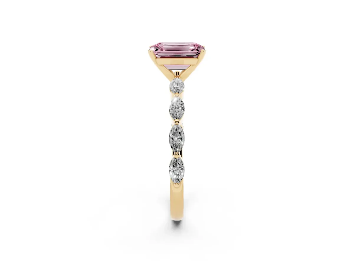 Fancy Pink Emerald Cut Diamond Ring with Marquise Side Stones and Prong Setting Yellow gold