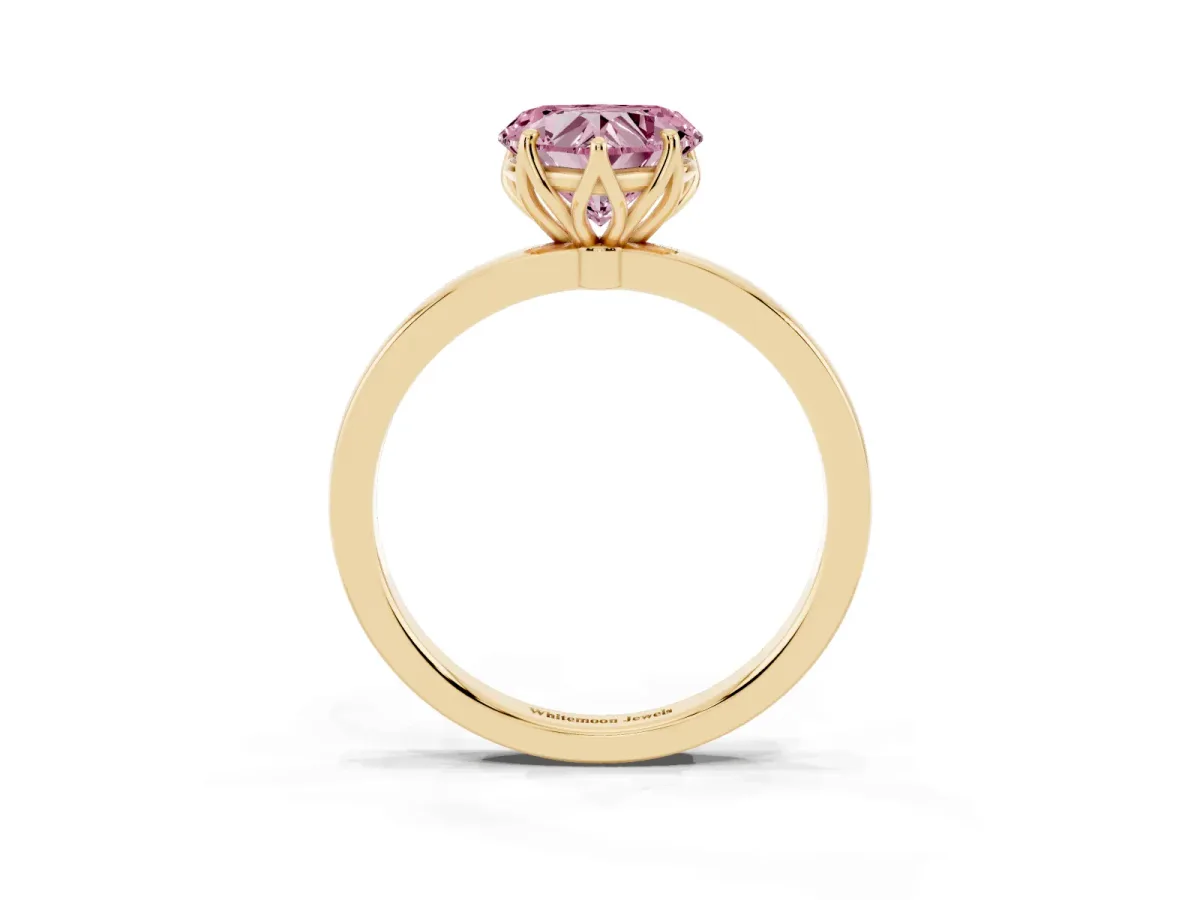 Fancy Pink Heart Cut Diamond Solitaire Ring with Thin Band and Prong Setting Yellow gold