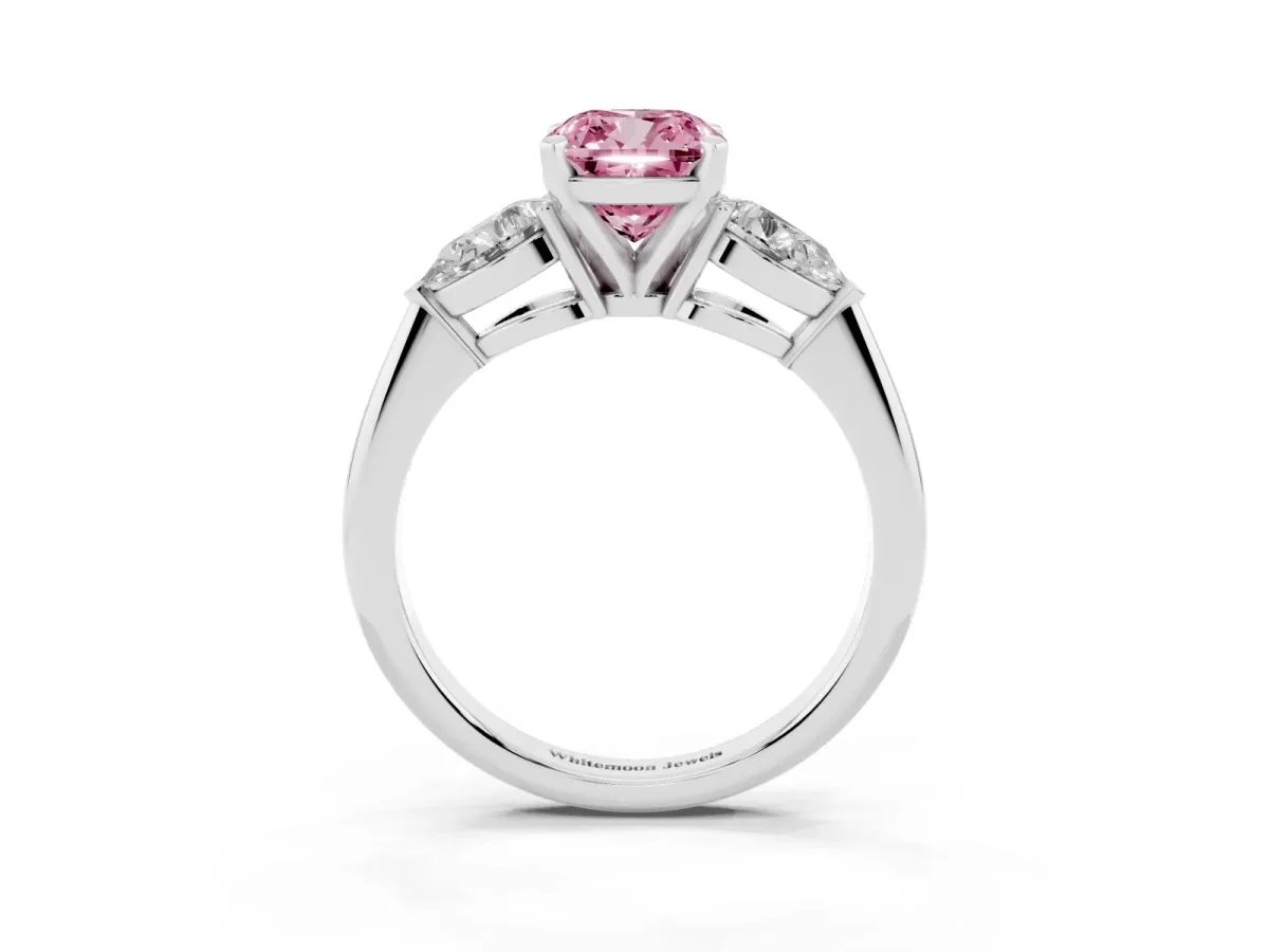Fancy Pink Three-Stone Cushion Cut Diamond Ring with Pear Side Stones and Four-Prong Setting Silver