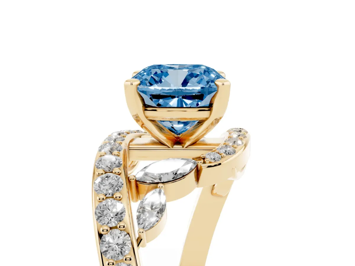 Fancy Blue Cushion Cut Diamond Solitaire Ring with Filigree Band and Four-Prong Setting Yellow gold