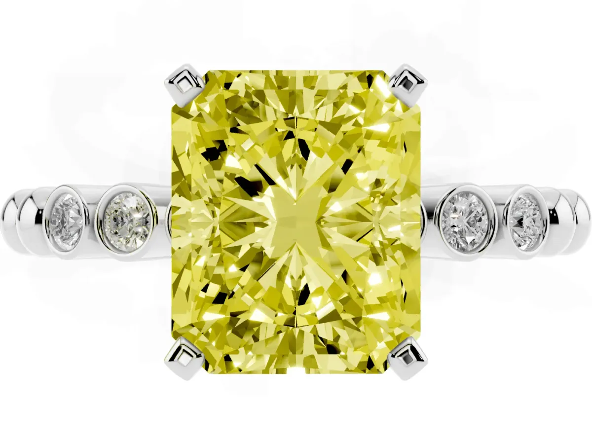 Fancy Yellow Radiant Cut Solitaire Bezel Accent Diamond Engagement Ring with Beaded Band and Four-Prong Setting Silver