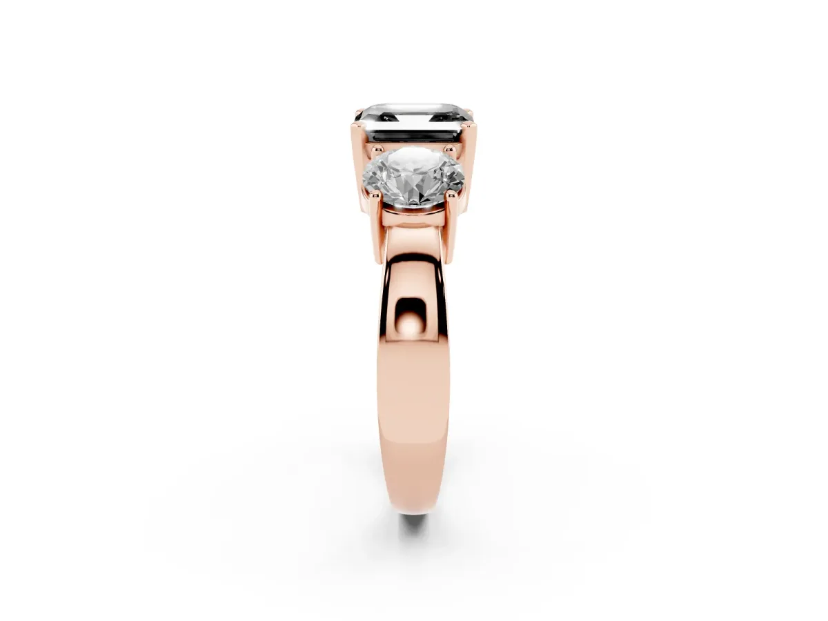 Fancy Black Three-Stone Asscher Cut Diamond Ring with Round Side Stones, Classic Band, and Four-Prong Setting Rose gold