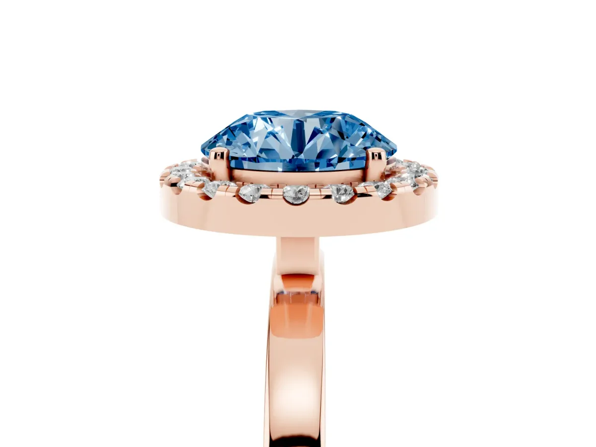 Fancy Blue Round Cut Halo Diamond Solitaire with Pavé Band and Four-Prong Setting Rose gold