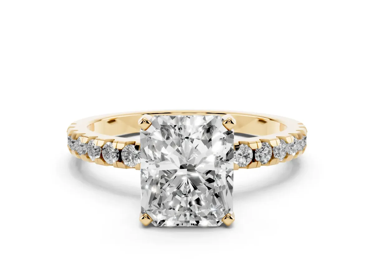Radiant Cut Diamond Solitaire Ring with Round Pavé Band and Four-Prong Setting Yellow gold