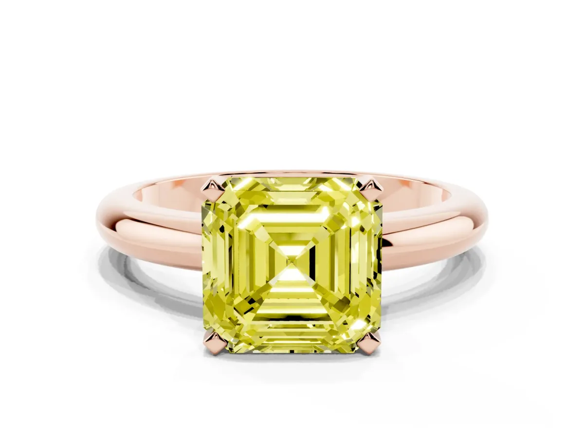 Fancy Yellow Asscher Cut Diamond Solitaire Engagement Ring with Round Band and Four-Prong Setting Rose gold