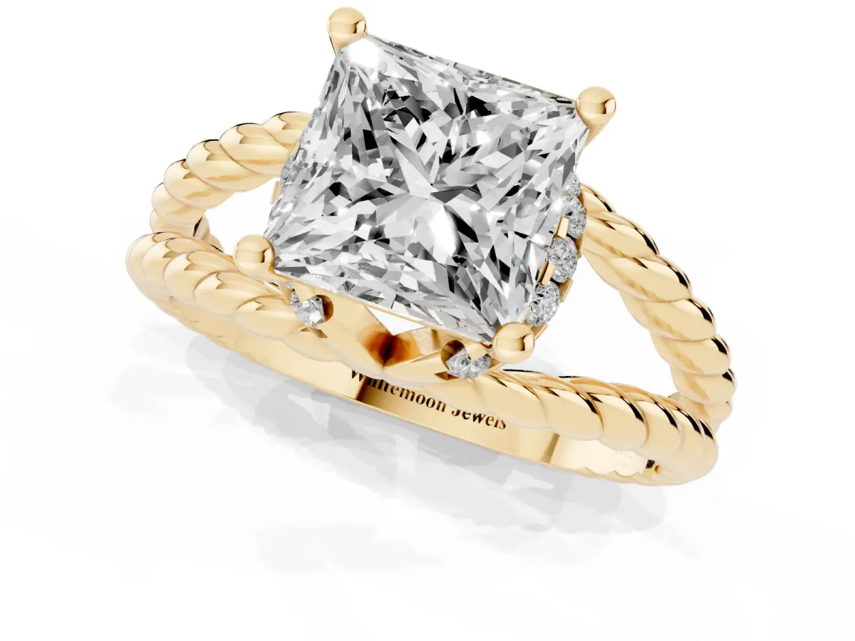 Princess Cut Halo Twisted Band Four-Prong Ring Yellow gold