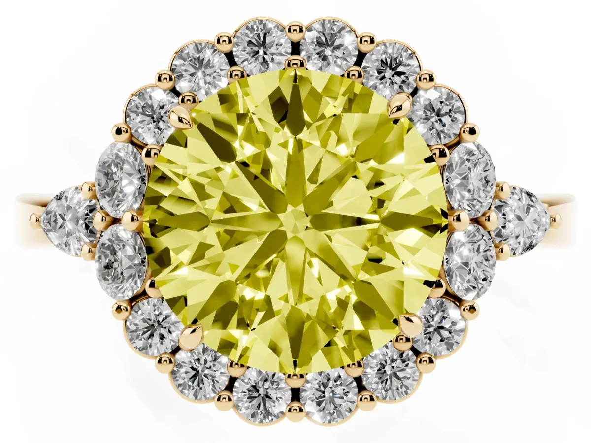 Fancy Yellow Round Cut Diamond Halo Ring with Pear Side Stones and Prong Setting Yellow gold