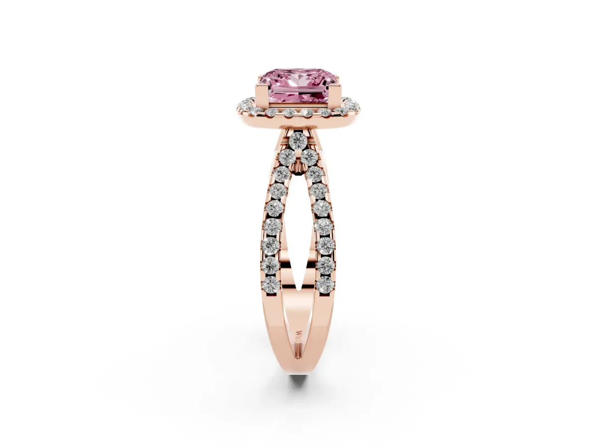 Fancy Pink Princess Cut Diamond Halo Ring with Split Shank Pavé Band and Prong Setting Rose gold