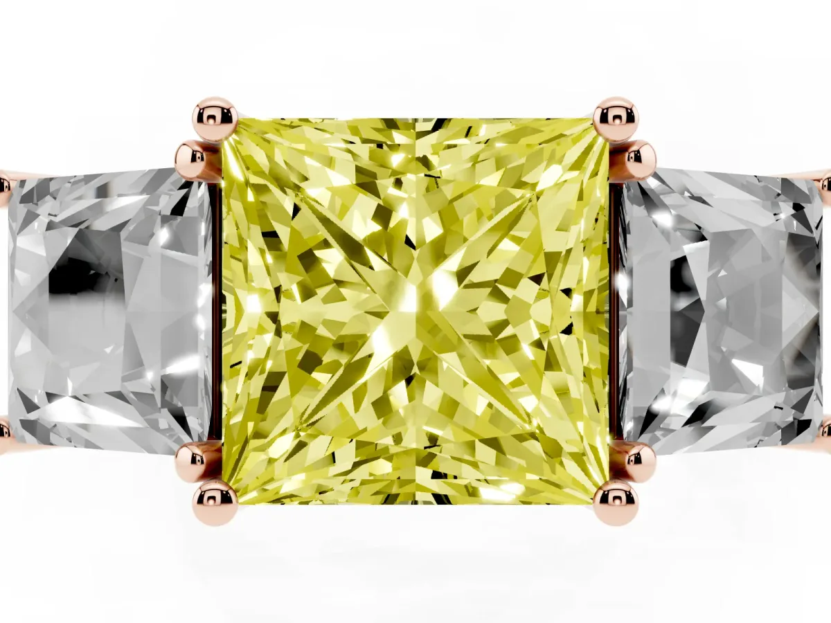 Fancy Yellow Three-Stone Princess Cut Diamond Pavé Band with Prong Setting Rose gold