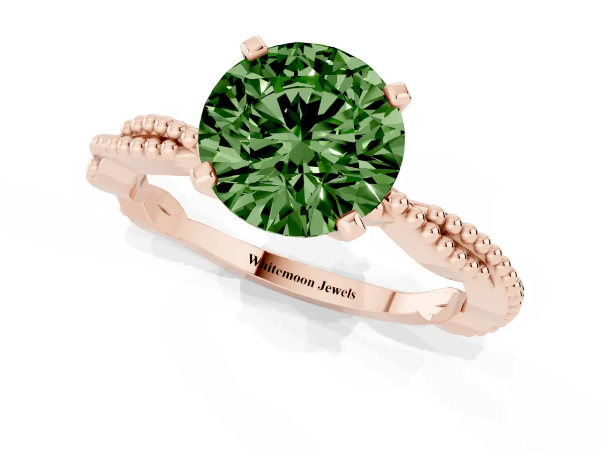 Fancy Green Round Cut Solitaire Twisted Band with Bead Prong Setting Rose gold