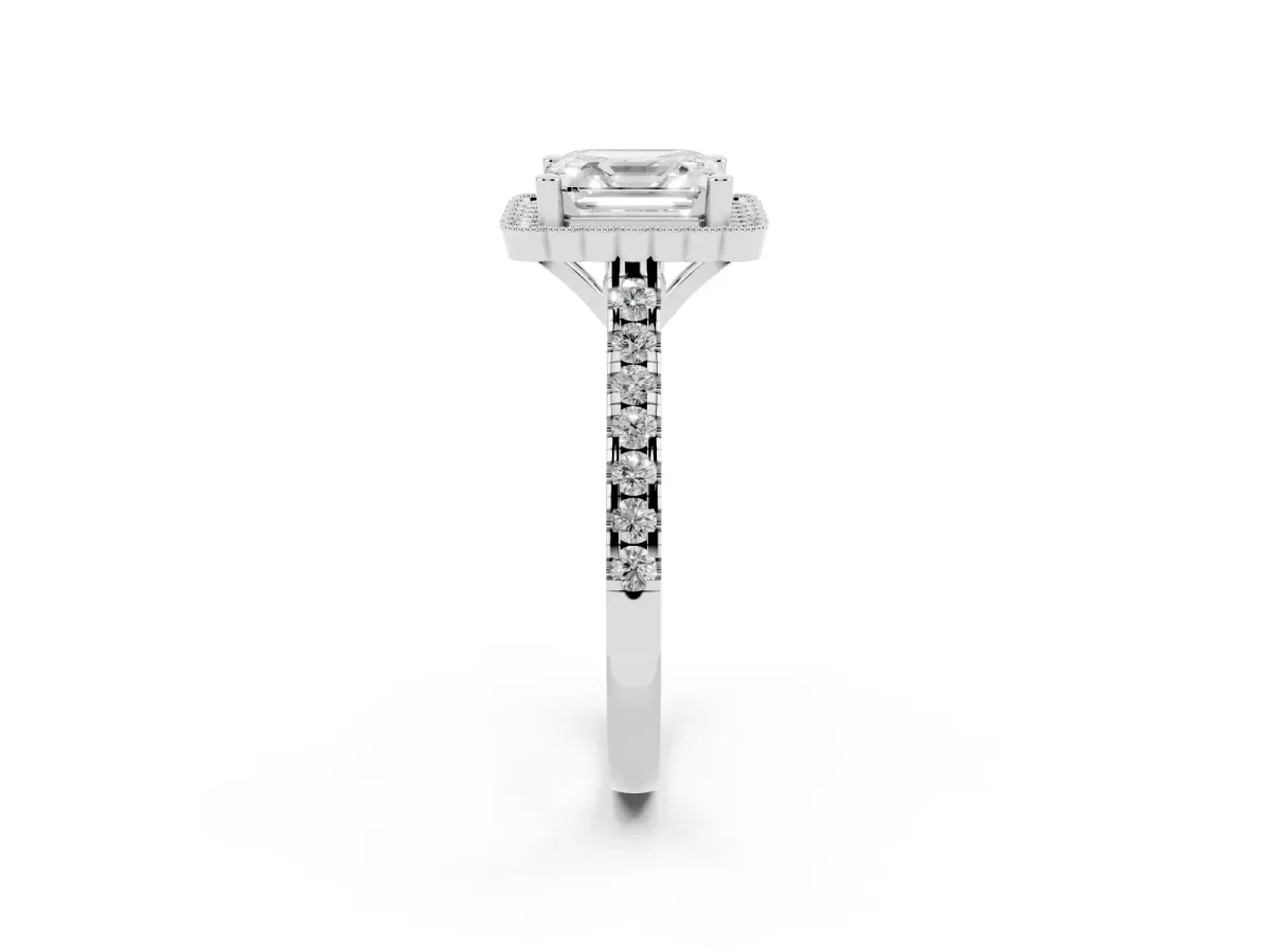 Asscher Cut Cut Diamond Milgrain Floral Halo Engagement Ring with Pavé Band Silver