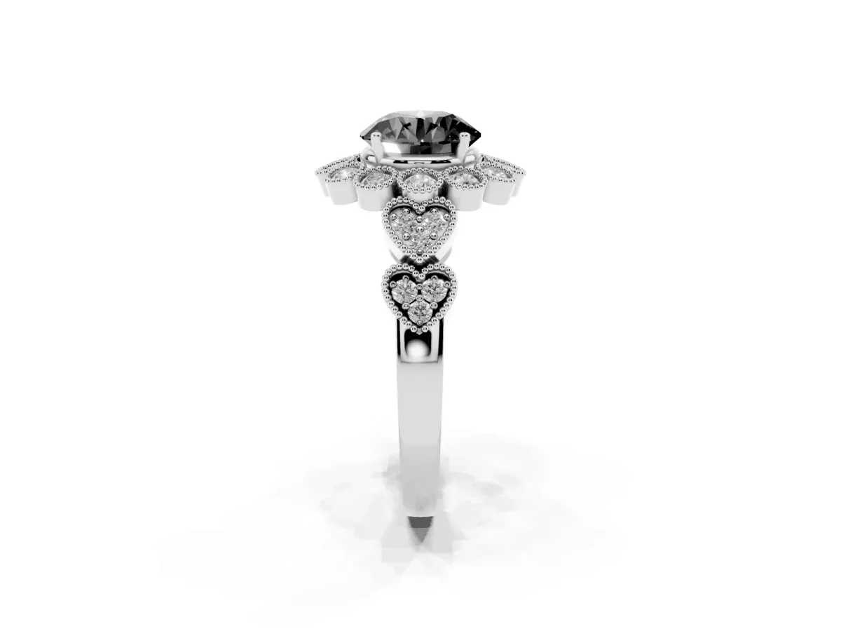 Fancy Black Round Cut Brilliant Milgrain Pave Heart Band Solitaire Ring Silver