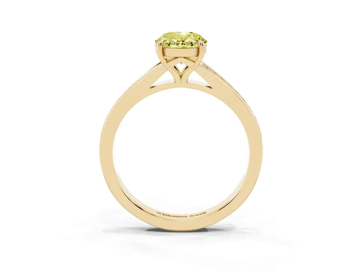 Fancy Yellow Oval Cut Diamond Solitaire Ring with Pavé Band and Prong Setting Yellow gold