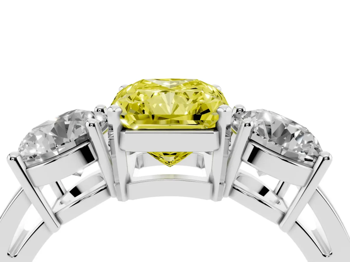 Fancy Yellow Three-Stone Radiant Cut Diamond Ring with Round Side Stones, Classic Band, and Four-Prong Setting Platinum