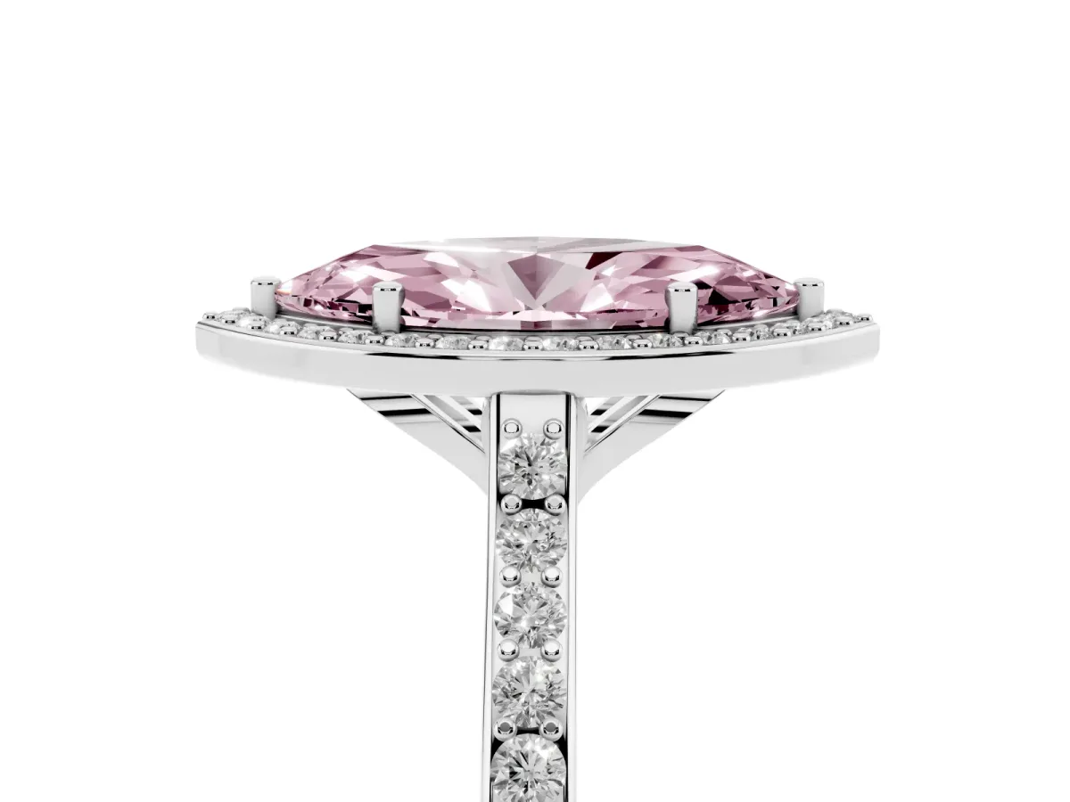 Fancy Pink Marquise Cut Diamond Halo Engagement Ring with Round Pavé Shoulders and Prong Setting Silver