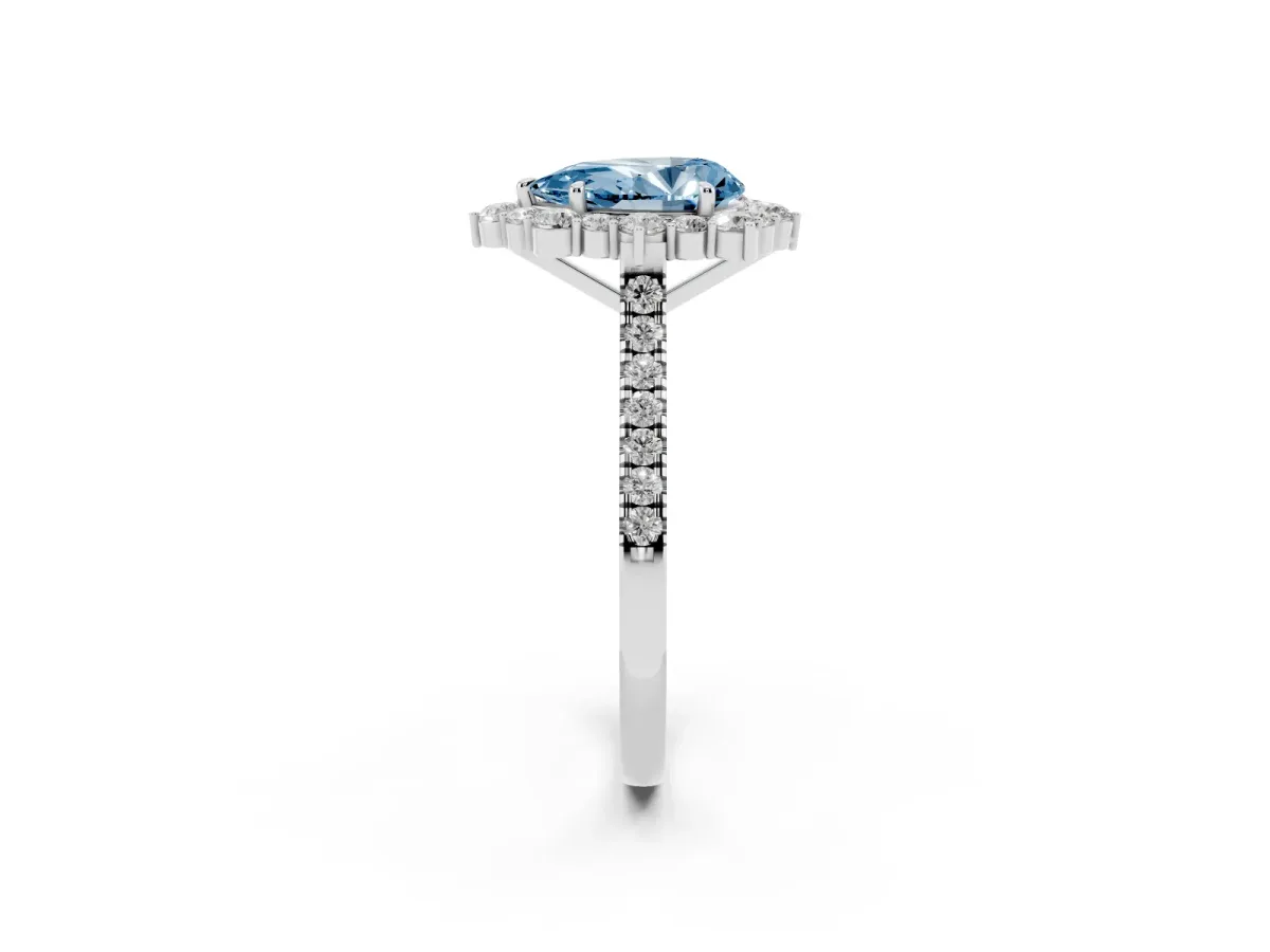 Fancy Blue Pear Cut Halo Diamond Ring with Pavé Band and Prong Setting Silver