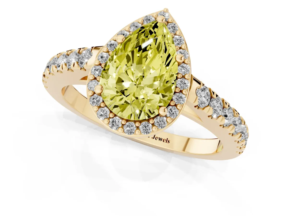 Fancy Yellow Pear Cut Cut Halo Diamond Engagement Ring with Pave Band and Four-Prong Setting Yellow gold
