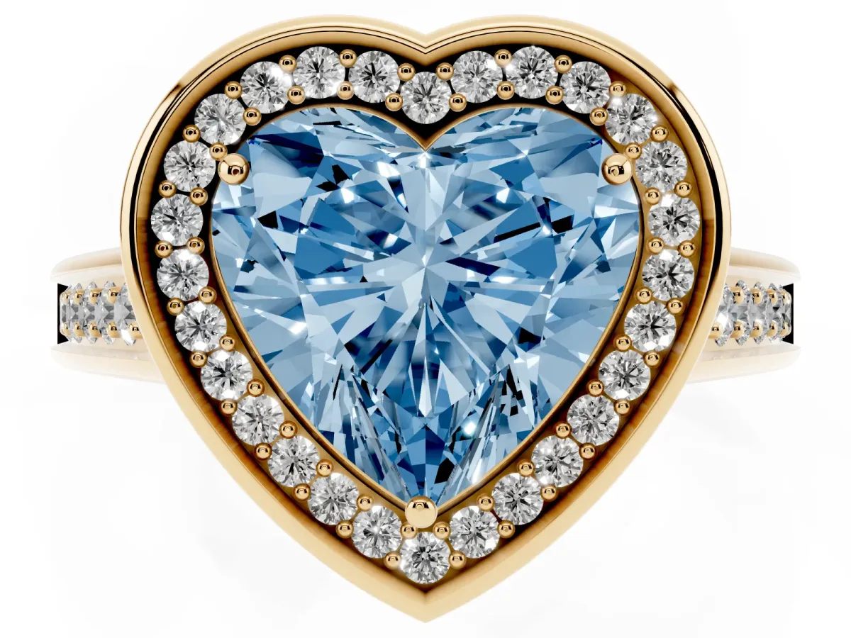 Fancy Blue Heart Cut Halo Solitaire Diamond Ring with Pave Band and Bezel Setting Yellow gold