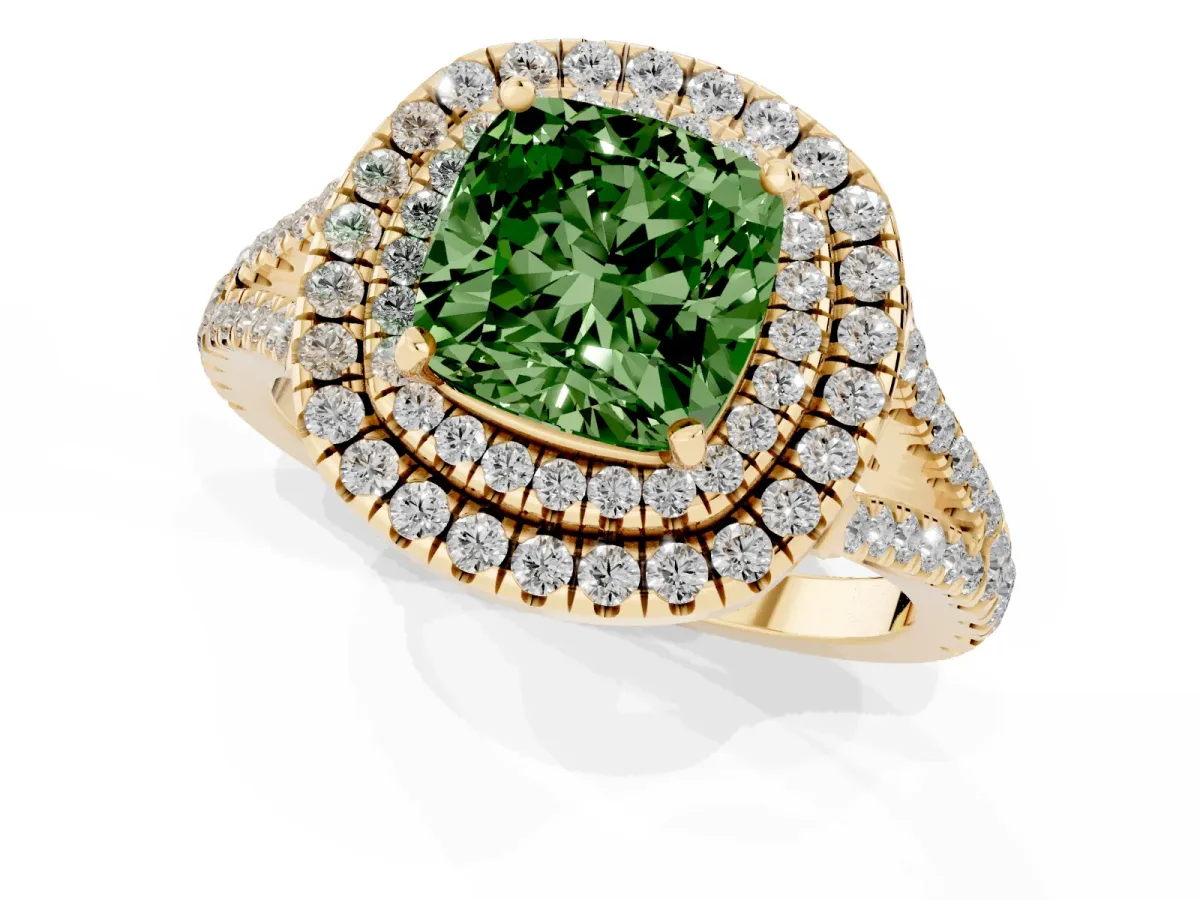 Fancy Green Cushion Cut Diamond Double Halo Ring with Pavé Band and Prong Setting Yellow gold