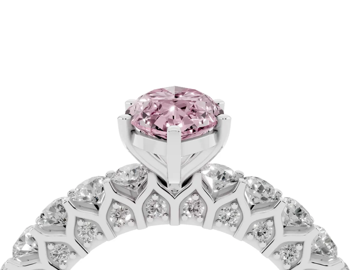 Fancy Pink Marquise Cut Diamond Solitaire Ring with Shared Prong Pavé Band and Four-Prong Setting Silver