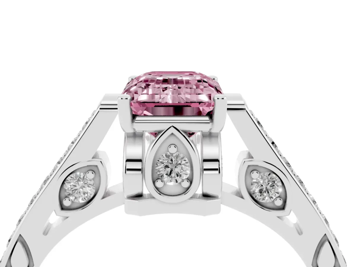 Fancy Pink Emerald Cut Cut Cathedral Pave Diamond Engagement Ring with Six-Prong Setting Silver