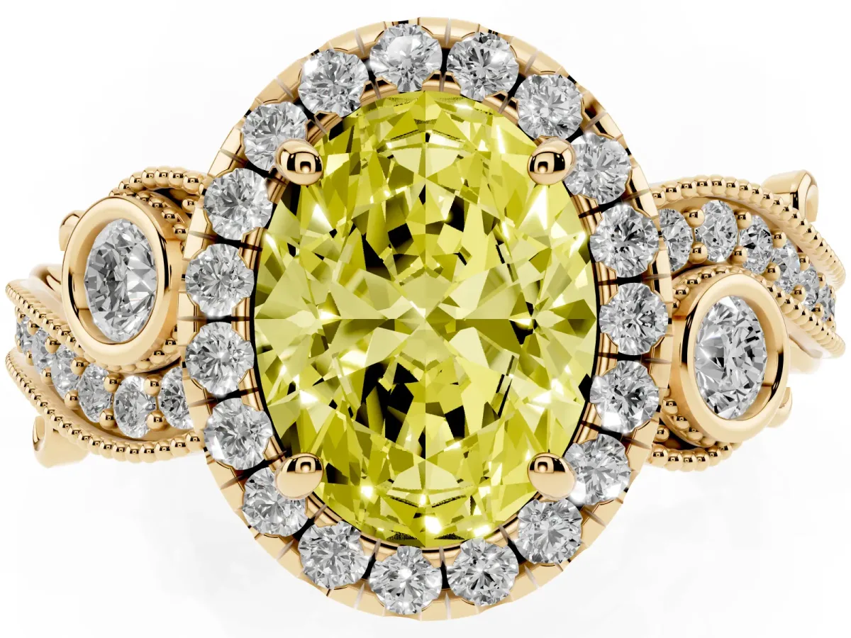 Fancy Yellow Oval Cut Halo Diamond Ring with Milgrain and Bezel Accents on a Split Shank Band Yellow gold